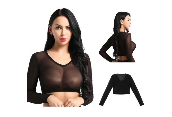 Women Long Sleeve Sexy Black Mesh Top Transparent T Shirts
