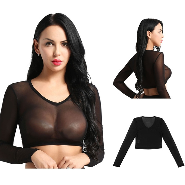 Women Long Sleeve Sexy Black Mesh Top Transparent T Shirts