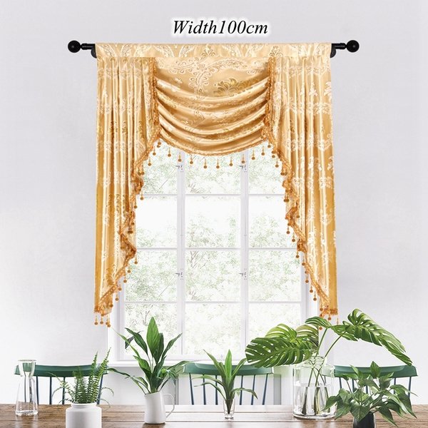 Golden Jacquard Single Swag Waterfall Valance For Living Room Damask Curtain Kitchen Width100cm 1 Piece Rod Pocket Wish Golden Jacquard Single Swag Waterfall, Swag Curtain Valance