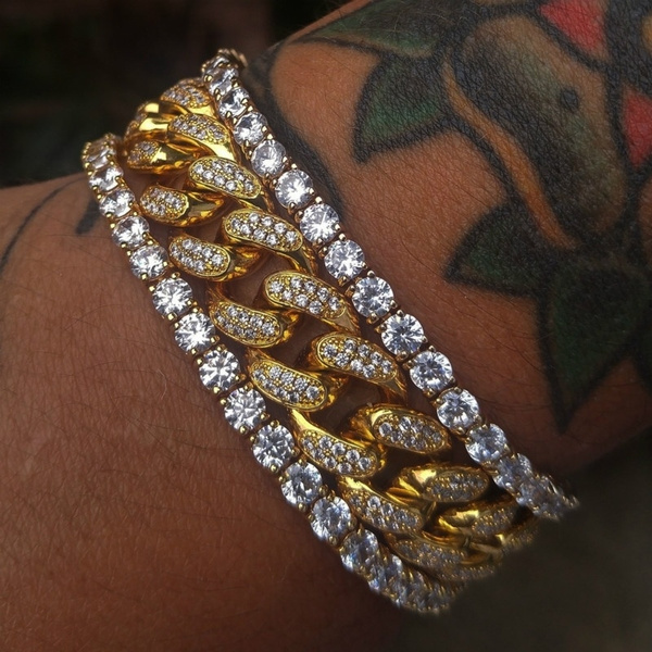 Mens Miami Cuban Bracelet Diamond Cut Two Tone Real 14k Gold & Solid 925  Silver