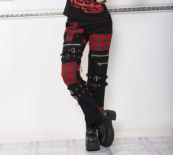 Mens Punk Long Pants Plaid Patch 