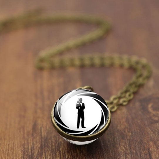 Vintage James Bond 007 Charm Double Sided Ball Glass Pendant Necklace