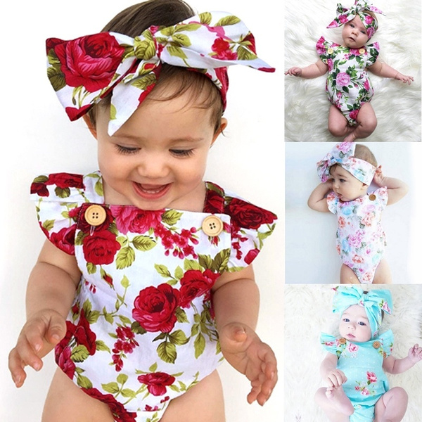 Newborn Baby Girl Clothes Bow/Flowers Romper Clothing Set Jumpsuit  Headband