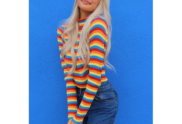 nyt år Parcel desillusion Womens Autumn Long Sleeve Turtleneck Sweater Colorful Rainbow Stripes Short Crop  Tops Bodycon Ribbed Knitted Basic Pullover Jumper IKO | Wish