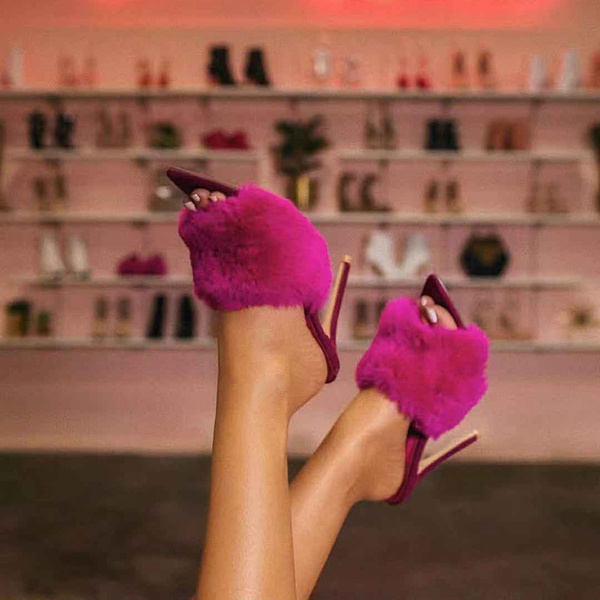 High heel shop slippers with fur