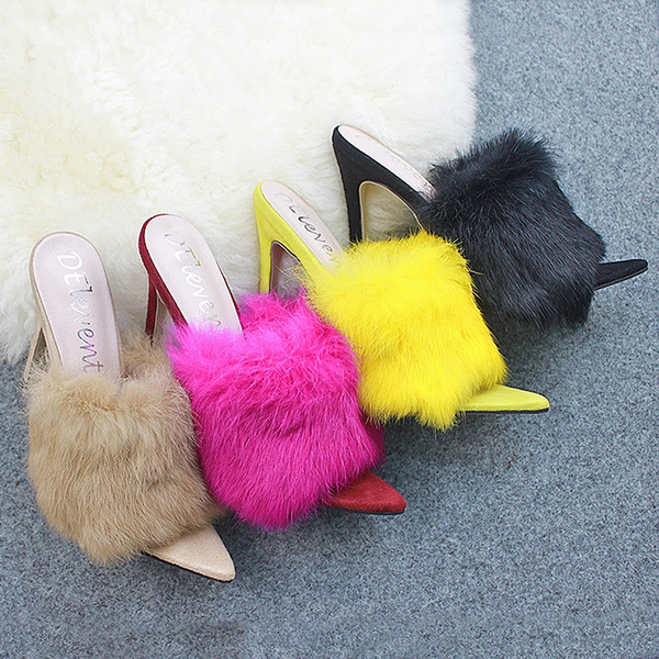 Women High Heels Slingback Sandals Pointy Toe Stilettos Fur Fluffy Shoes  Party | eBay