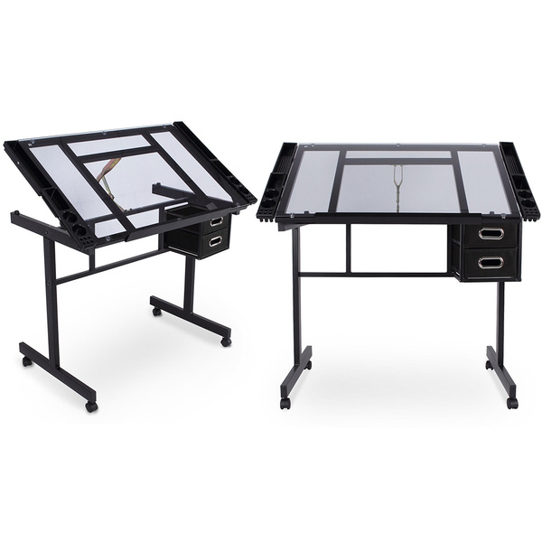 Adjustable Drawing and Drafting Table w/ Clear Glass Desktop and ...