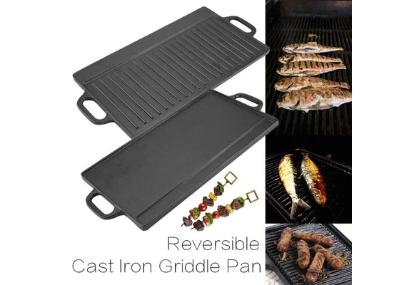 Non-Stick Cast Iron Grill Griddle Pan Ridged And Flat Double Sided Baking