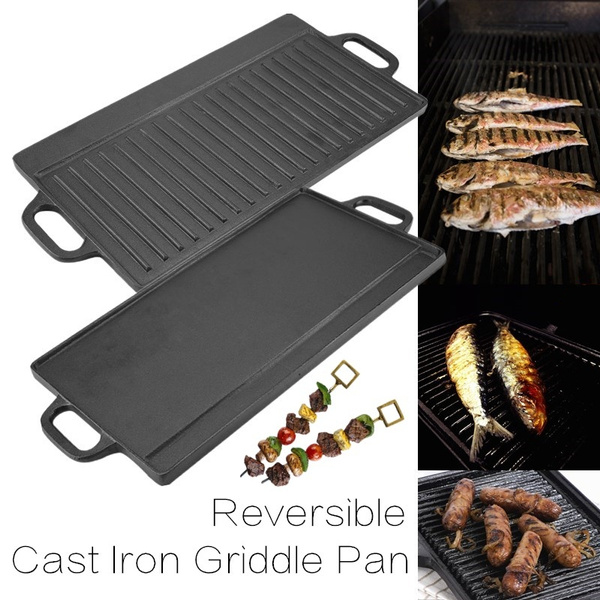 Non-Stick Cast Iron Grill Griddle Pan Ridged And Flat Double Sided