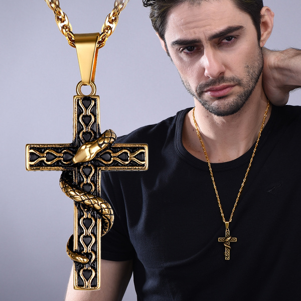 Mens Vintage Stainless Steel Religious Large Cross Pendant Necklace 22" Chain