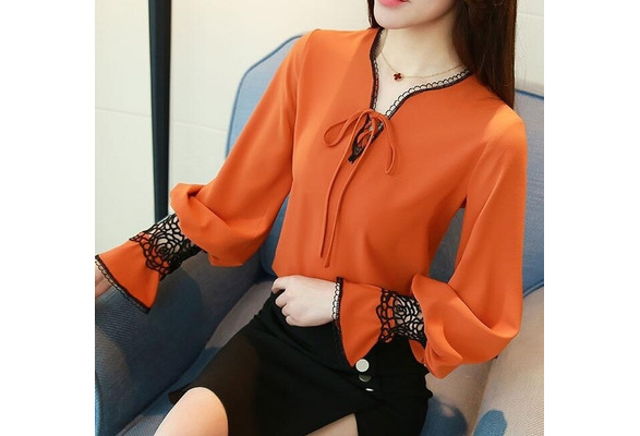 Women Chiffon Blouse Elegant Lace White Work Shirts Long Sleeve Solid  Casual Tops Female Women Clothes, Wish