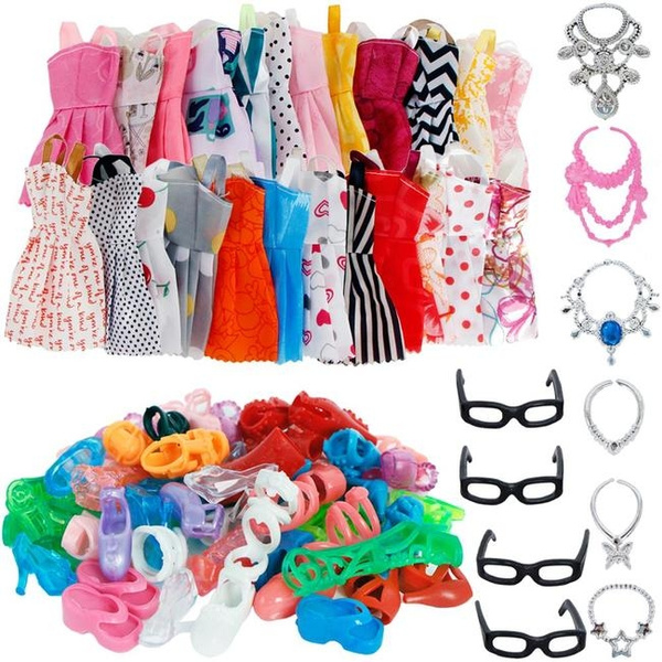 30pcs set DIY Handmade Doll Accessories 10 X Mix Fashion Cute Dress 4 X Glasses 6 X Necklaces 10 X Shoes for Barbie Doll Best Gift Girl Toy