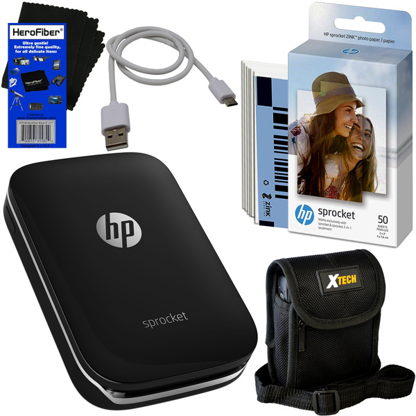 HeroFiber Gentle Cleaning Cloth Black + Photo Paper Print Social Media Photos on 2x3 Sticky-Backed Paper USB Cable + Protective Case HP Sprocket Photo Printer 60 Sheets 