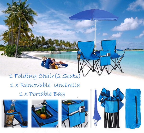 Portable Outdoor 2-Seat Folding Chair with Removable Sun Umbrella for  Camping Picnic Beach Hiking Fishing Picnic Barbecue