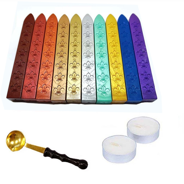 Nydotd 10 Pcs Antique Sealing Wax Sticks Set Without Wicks Retro Spoon and 2  Pcs White Candles for Retro Vintage Wax Seal Stamp (Colorful-Stick)