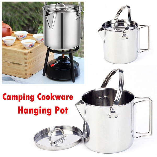 1.2L Stainless Steel Outdoor Picnic Camping Cooking Kettle Hanging Pot & Lid 