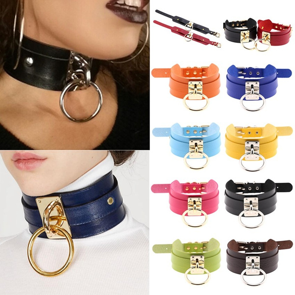 Fashion Punk Gothic PU Leather Choker Ring Pendant Belt Collar Necklaces Jewelry 