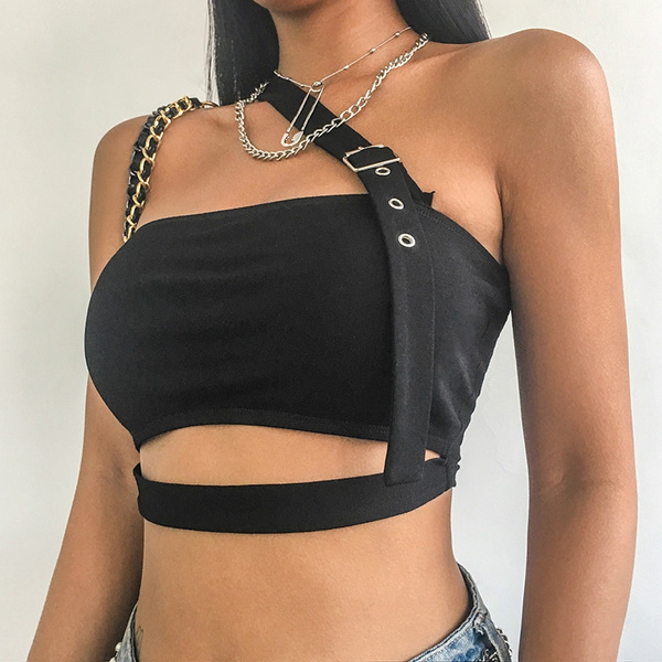 Women Black Hollow Out Tank Top Sexy Streetwear Cropped Tank Tops Fashion  Backless Crop Top