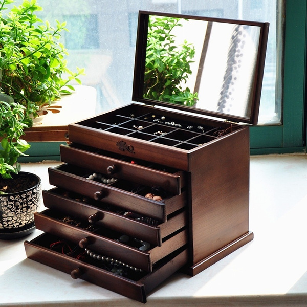 Large Retro 2 4 6 Layers Wooden Jewellery Box Cabinet Display Organizer Storage Wish
