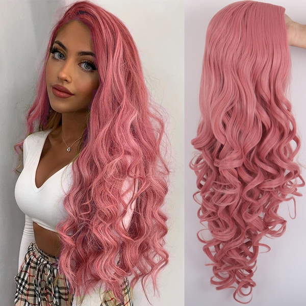 Fashion Long Wave Hair Pink Wig for Beautiful Women color pink