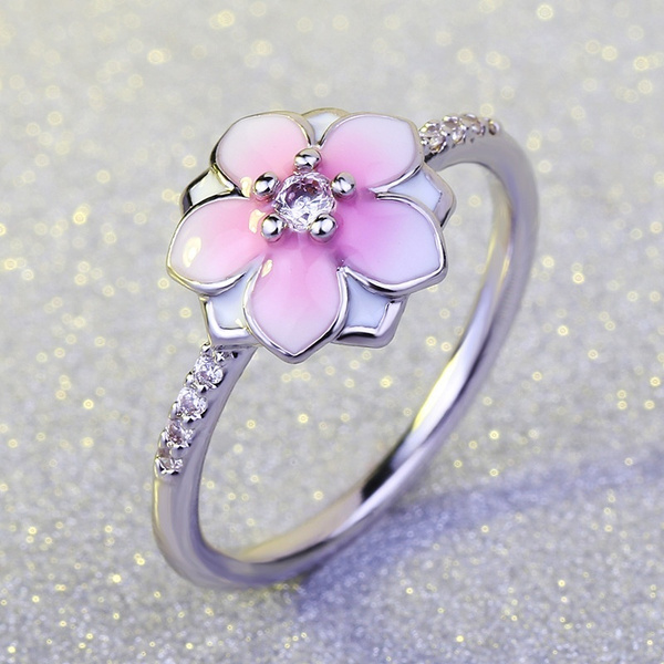 Pink Enamel S925 Sterling Silver Magnolia Flower Ring Wish