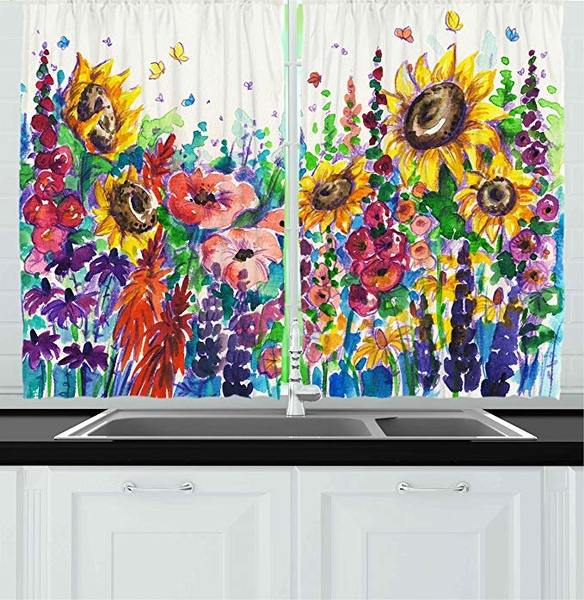 Kitchen Decor Collection Fl Watercolor Style Wildflowers Country Kitchenware Flowers Art Print Window Treatments For Curtains 2 Panels 80x72 Inches Yellow Purple Red Green Wish Window Treatments For Kitchen Curtains, Kitchen Curtains With Purple Flowers