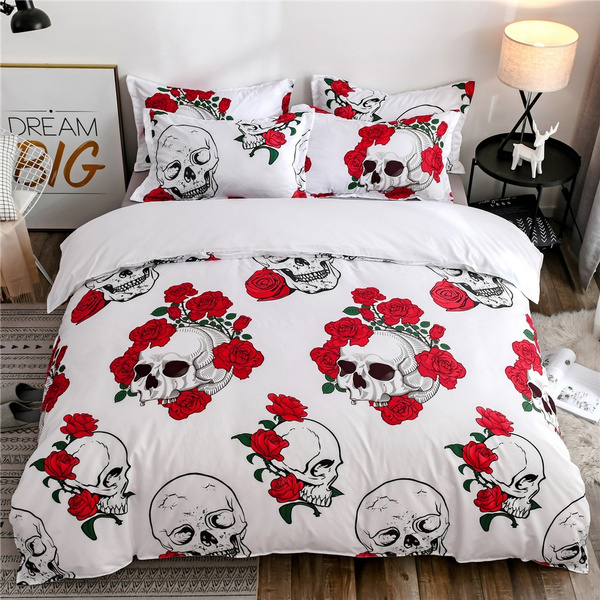White 3d Rose Skull Bedding Sets For Queen Size Sugar Skull Duvet Cover With Pillowcase Aueuus