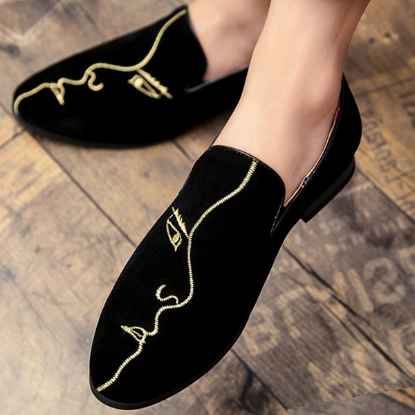 Men s Smoking Slippers Mens Suede Loafers Artistic Embroidery Slip ons Male Stylish Black Suede Dress Shoes