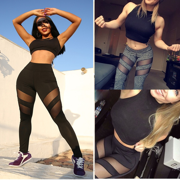 Women's Fashion High Waist Skinny Mesh Splice Sport Running Yoga Pants  Stretchy Fitness Workout Leggings Gym Clothes Leggings & Tights