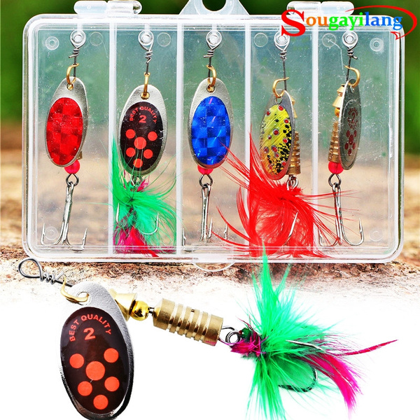 Sougyailang 5pcs Spinner Lures Baits with Tackle Box Bass Trout Salmon Hard  Metal Rooster Tail Fishing Lures Kit