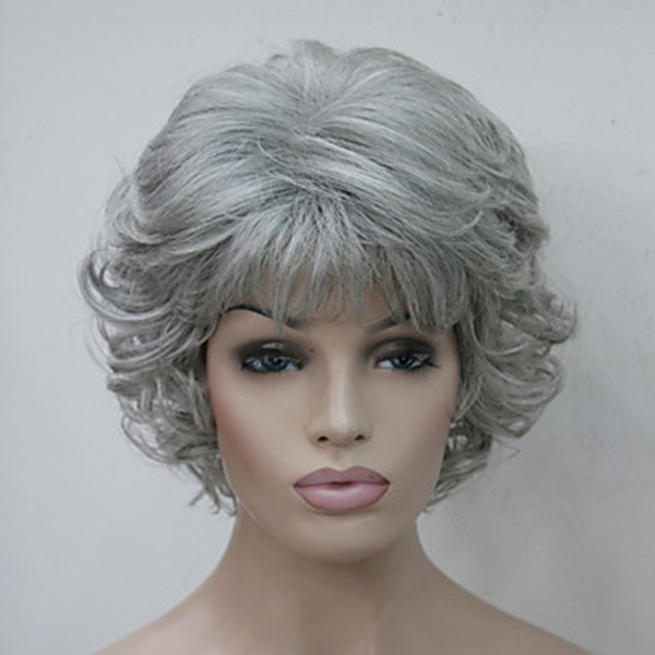 Capless Women Dark Grey Synthetic Full Wig Short Layered Curly Hair Puffy Bangs Gray Heat 