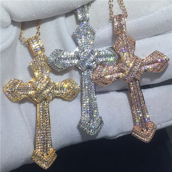 14K White Gold Large Diamond Cross Pendant Necklace — Zoland