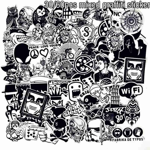 30/60 Pcs Black and White Stickers for Laptop Luggage Skateboard Bicycle  Motorcycle Car Styling Graffiti Waterproof Cool Sticker