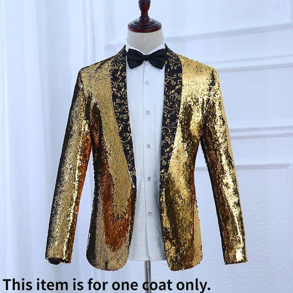 Men Reversible Two Tone Shiny Sequin Cardigan Jacket Suit Stage Costume Coat Top