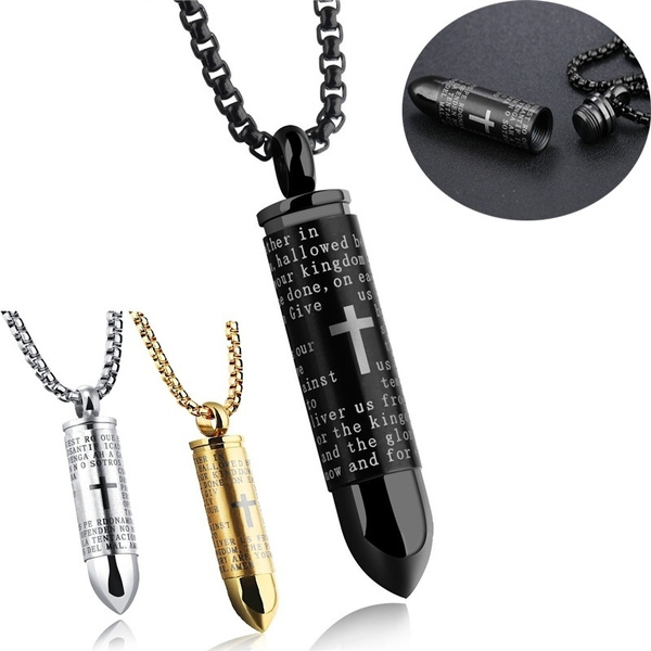 New titanium Steel Bullet Pendant Necklace Cross Bible Verse Ash ...