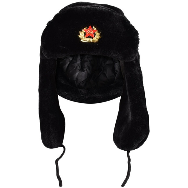 RUSSIAN TRAPPER HAT WITH SOVIET BADGE FAUX FUR USHANKA COSSACK FLAPS BLACK
