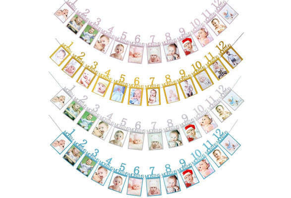 12 Months Photo Frame Banner First Happy Birthday Decorations 1st Baby Boy Girl My 1 One Year Birthday Party Supplies Wish
