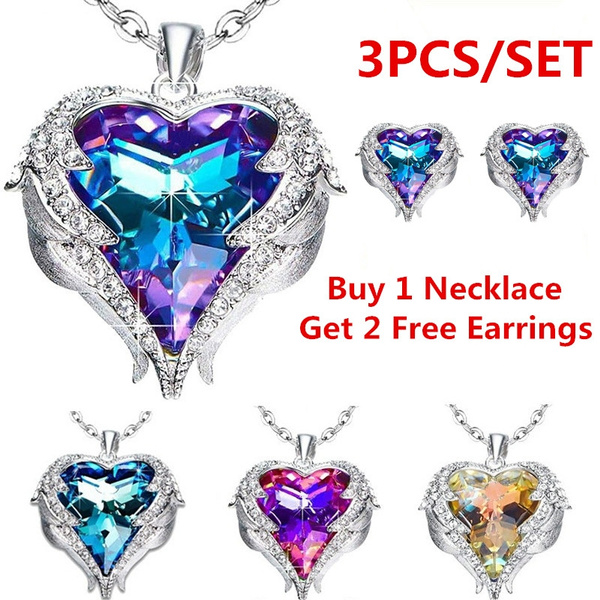3pcs Set New Blue Purple Heart Crystals Pendant Diamond Earrings Jewelry Angel Wings Heart Pendant Necklaces Heart Earring Wish