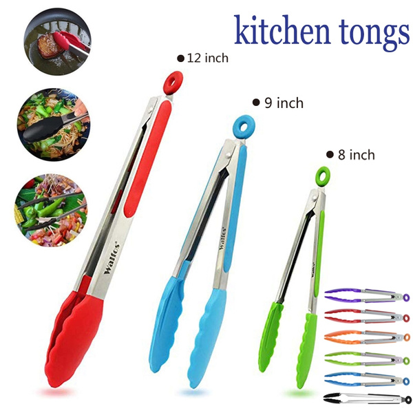 Silicone Tongs Kitchen Grill BBQ Cooking Serving 8" 9" 12" Stainless ...