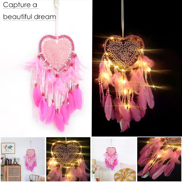 Dream Catcher WITH LED Heart Feathers Handmade Night Light Wall Hanging Decor 