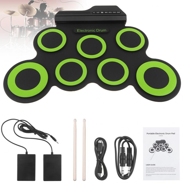 Portable 3 Sounds Electronic Digital USB 7 Pads Roll up Set Silicone Green Electric  Drum Kit with Drumsticks and Sustain Pedal