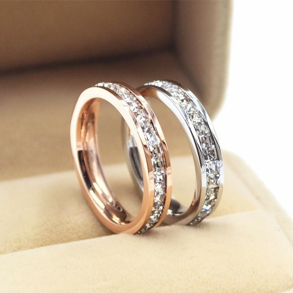 Silver/Rose Gold/Gold CZ Titanium Steel Ring Men/Womens Stainless Single  Row Diamond Ring Wedding Band Size 6-13 | Wish