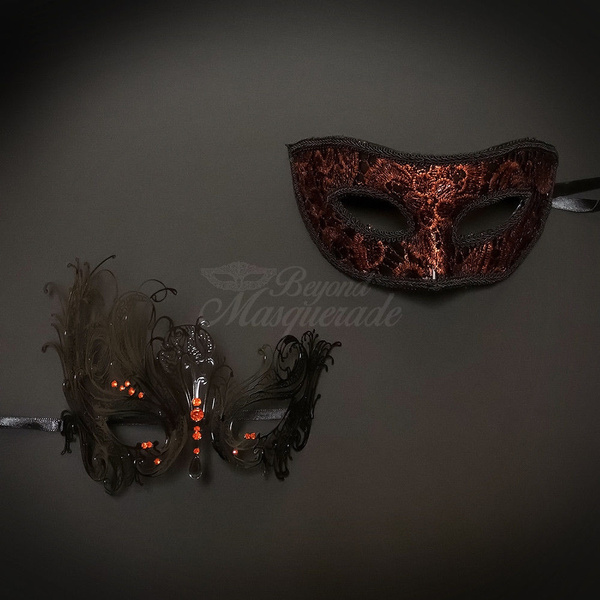 Red Rhinestones Black Themed Phantom Mask His & Her Couple Masquerade Mask 