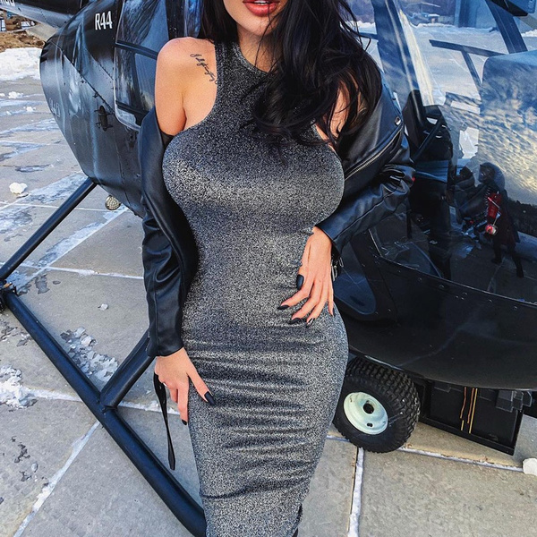 Women Slinky Glitter Dress Cut Out 