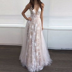 Fashion, Lace, Deep V-neck Dress, long dress