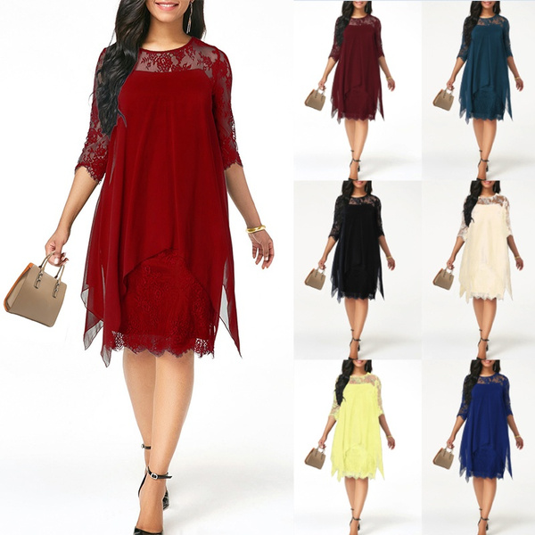 Women S Winter Fashion Half Sleeve Round Neck Short Loose Dress Solid Color Lace Flower Irregular Bottom One Piece Dresses Wish