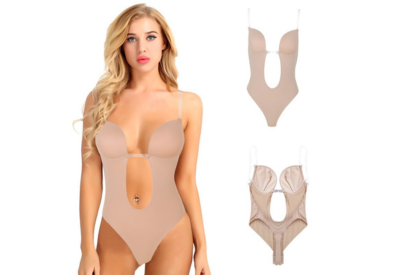 Womens Underwire Padded Push Up Bra Top Plunging V-Neck Adjustable Clear  Straps Backless Thong Shapewear Bodysuit