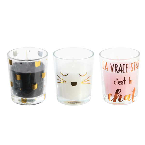 Les Tresors De Lily Q5435 Set De 3 Bougies Parfumees Chats Noir Blanc Rose Senteur Nuage De Lait Chaque Bougie 65x55 Mm Set Of 3 Scented Candles Chats Black