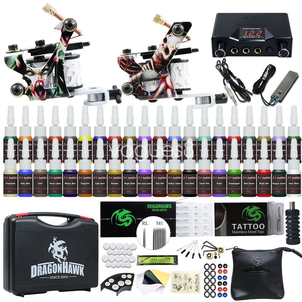 DragonHawk Tattoo Kit 2 Machine Guns Color Inks Tips Power Supply Set  Needles