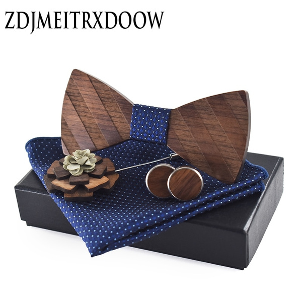Pocket Square Brooch Gravata Tie Cufflink Sets Striped Wooden Bow Tie Ties For Mens